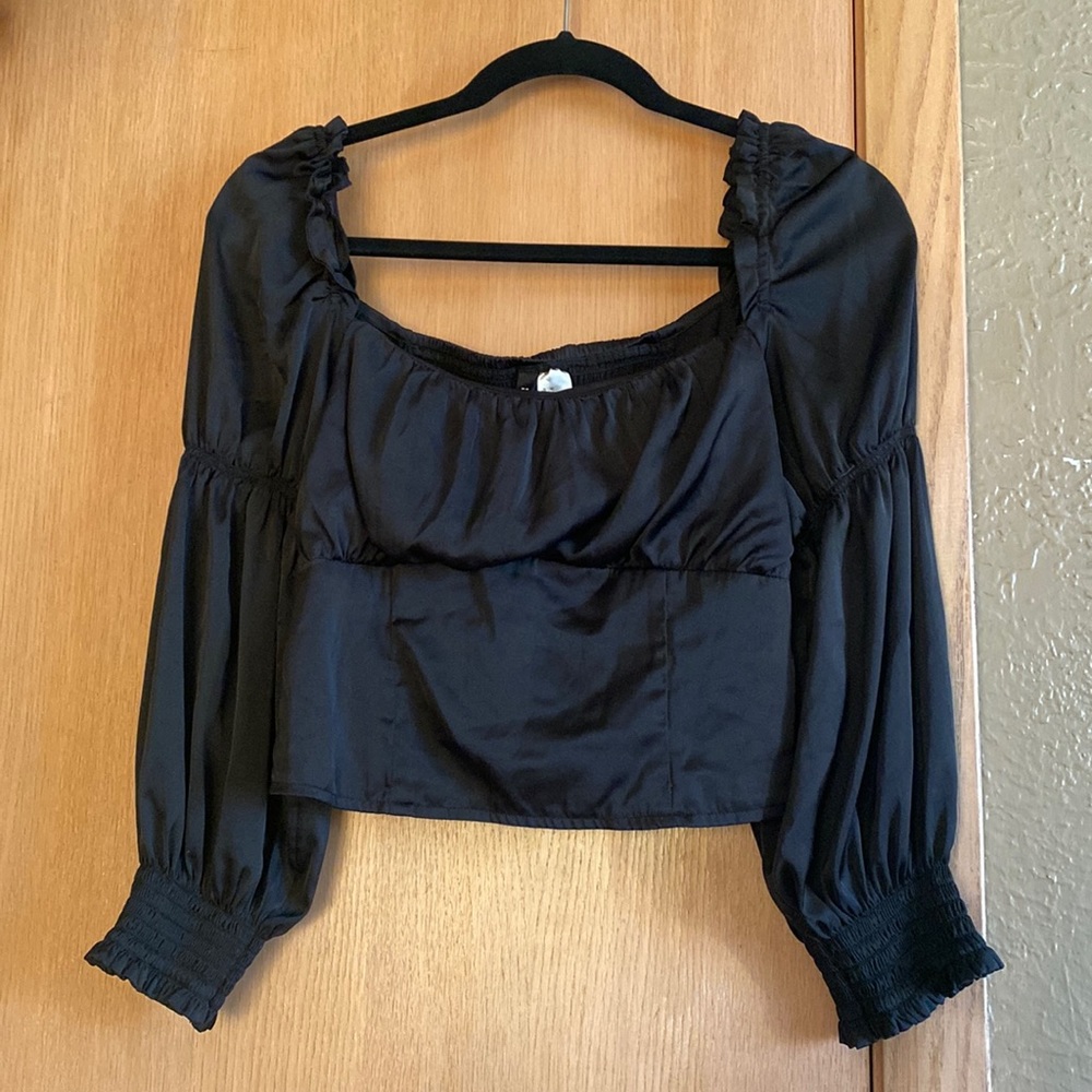 H&M black ruffle sleeves top, satin, size 10